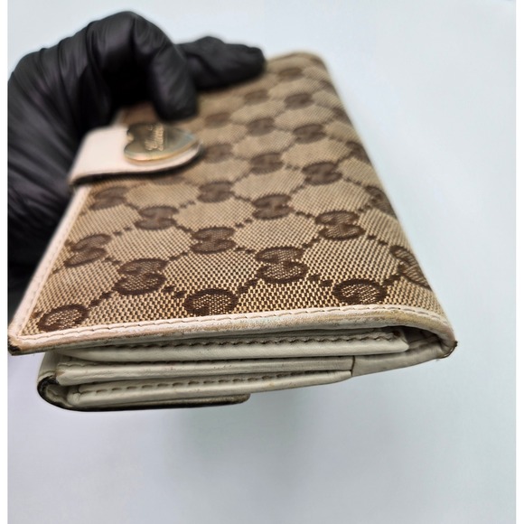 Gucci GG Canvas Heart Clasp Bifold Wallet Beige Brown‎ Designer Women's - Picture 7 of 12